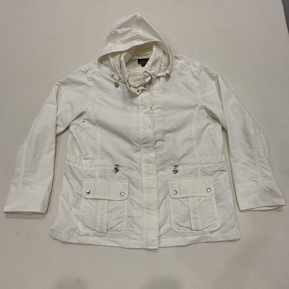 Lands End White Hooded Rain Jacket Anorak Utility Coat Woman XL Mesh Lining